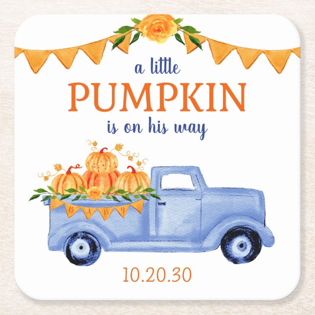 Little Pumpkin Boy Baby Shower Square Paper Coaster (Front)