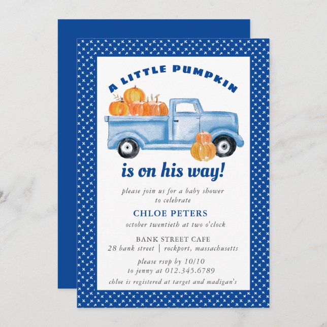 Little Pumpkin Boy Blue Truck  Fall Baby Shower Invitation (Front/Back)