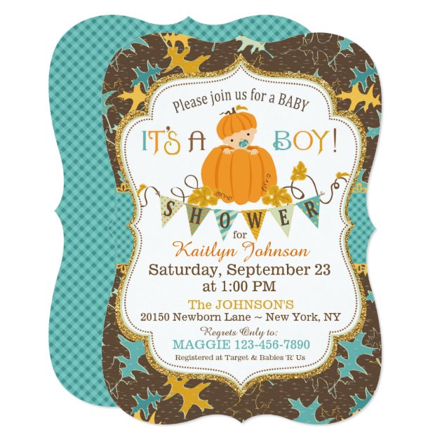 Little Pumpkin Boy Fall Leaves Baby Shower Invitation