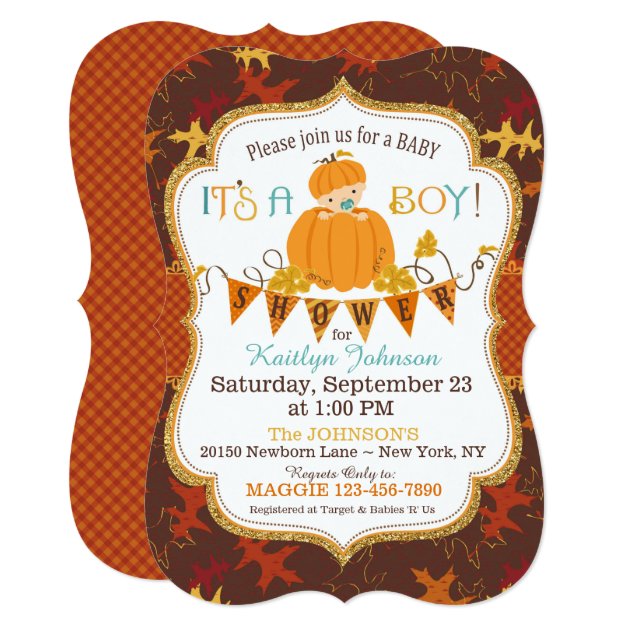 Little Pumpkin Boy Fall Leaves Baby Shower Invitation