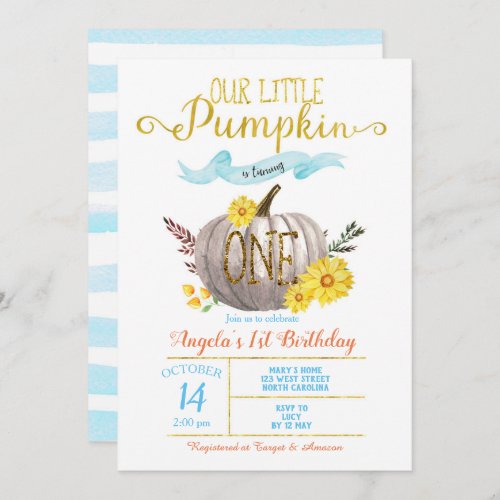 Little Pumpkin Boy Gold Blue Fall 1st Birthday Invitation