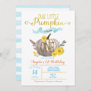 Little Pumpkin Boy Gold Blue Fall 1st Birthday Invitation