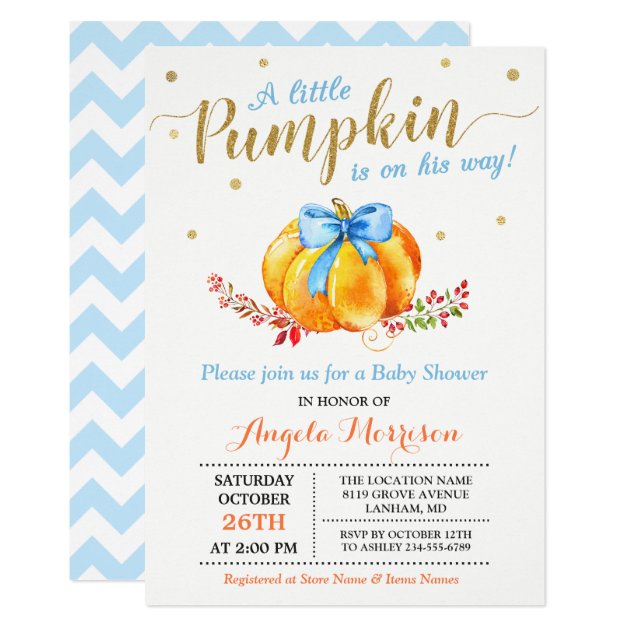 Little Pumpkin Boy Gold Blue Fall Baby Shower Invitation