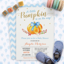 Little Pumpkin Boy Gold Blue Fall Baby Shower Invitation