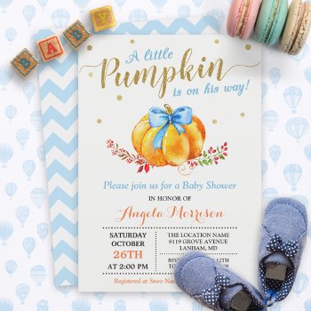 Little Pumpkin Boy Gold Blue Fall Baby Shower Invitation by CardHunter at Zazzle