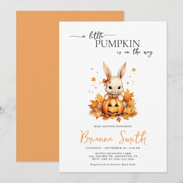 Little Pumpkin Bunny baby animal fall Baby Shower Invitation (Front/Back)