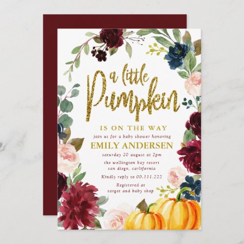 little pumpkin burgundy Navy baby shower Invitation