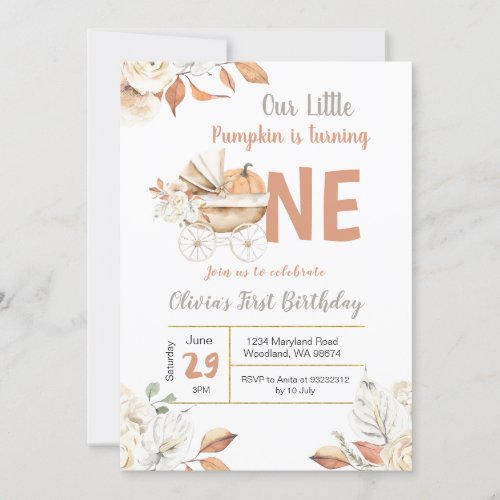 Little Pumpkin Carriage Fall Turning One Birthday Invitation