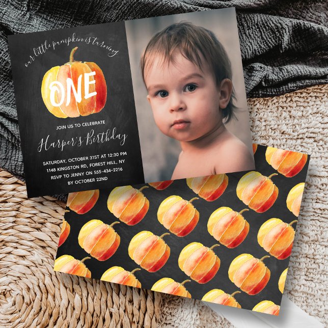 Little Pumpkin Chalkboard 1st Birthday Photo Invitation (Creator Uploaded)