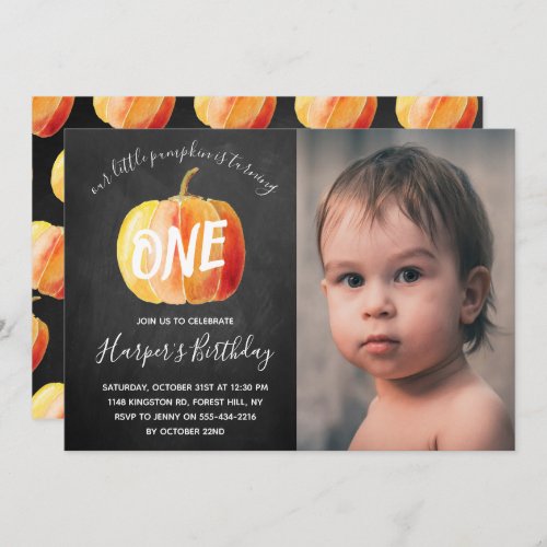Little Pumpkin Chalkboard 1st Birthday Photo Invitation