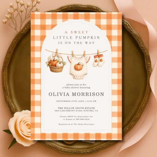 Little Pumpkin Clothesline Gingham Baby Shower Invitation