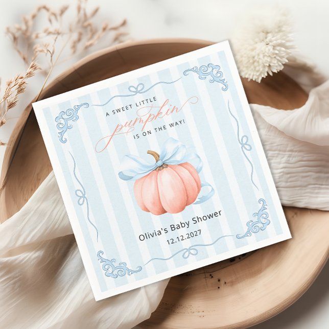 Little Pumpkin Cute Blue Bow Baby Shower  Napkins (Creator Uploaded)