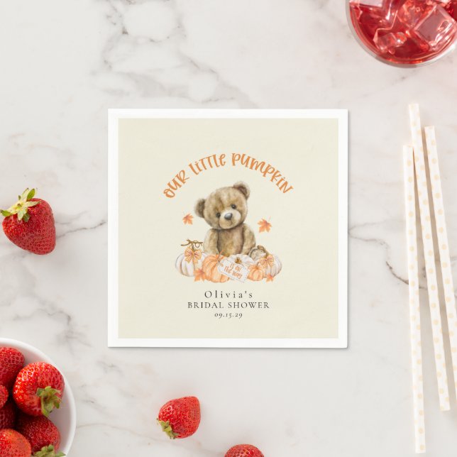 Little Pumpkin Cute Fall Teddy Bear Baby Shower Napkins (Insitu)