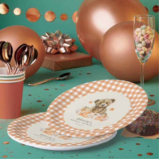 Little Pumpkin Cute Fall Teddy Bear Baby Shower Paper Plates (Multi)