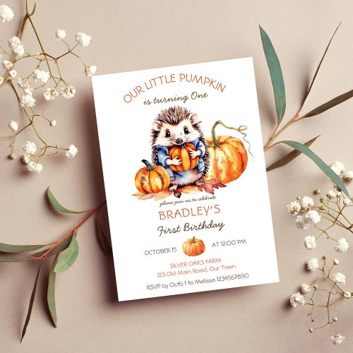 Little pumpkin cute hedgehog pumpkins birthday invitation