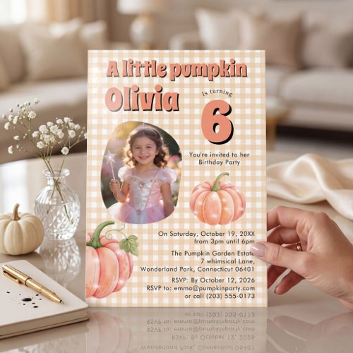 Little Pumpkin Cute Peach Gingham Photo Birthday Invitation