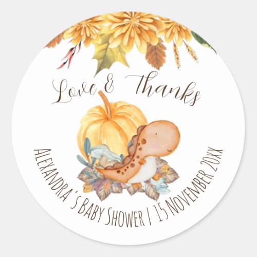 Little pumpkin dinosaur fall baby shower classic round sticker