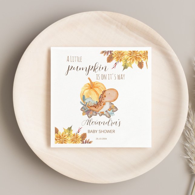 Little pumpkin dinosaur fall baby shower napkins (Little pumpkin cute dinosaur fall baby shower personalized monogrammed printed napkins table decor)