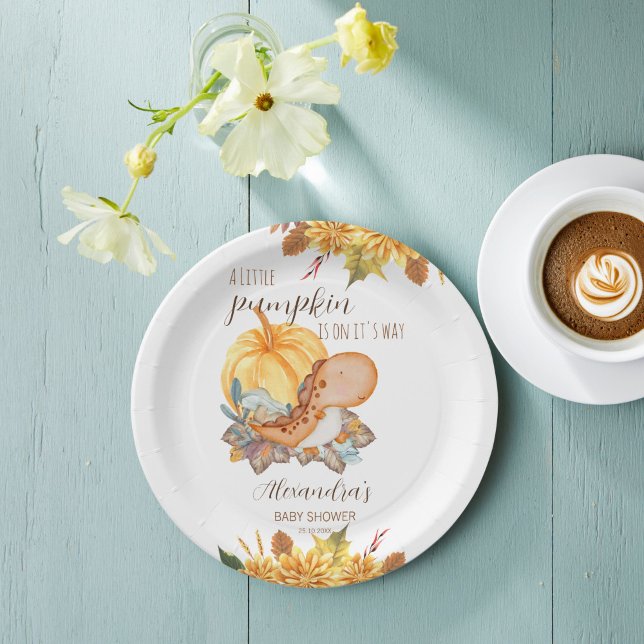 Little pumpkin dinosaur fall baby shower paper plates (Little pumpkin cute dinosaur fall baby shower personalized monogrammed paper plates table decor)
