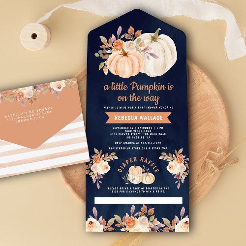 Little Pumpkin Earthy Floral Navy Blue Baby Shower All In One Invitation