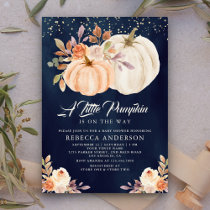 Little Pumpkin Earthy Floral Navy Blue Baby Shower Invitation