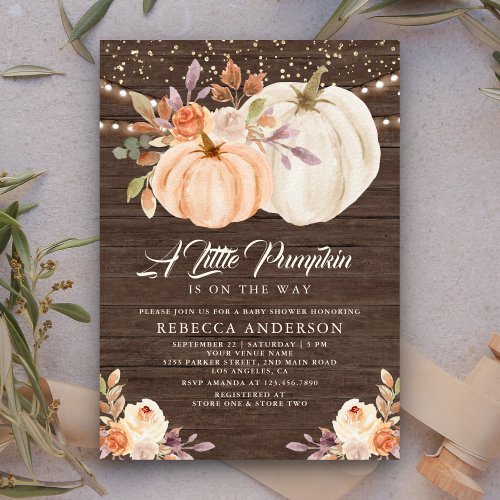 Little Pumpkin Earthy Floral Wood Baby Shower Invitation