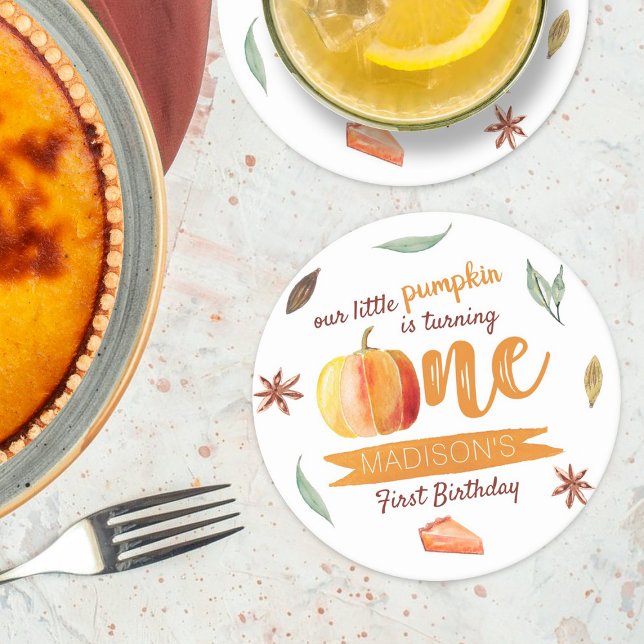 Little Pumpkin Fall 1st Birthday Round Paper Coaster (Creator Uploaded)