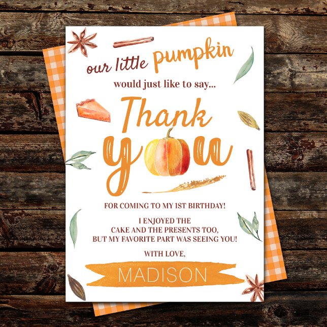 Little Pumpkin Fall 1st Birthday Thank You Card (Creator Uploaded)