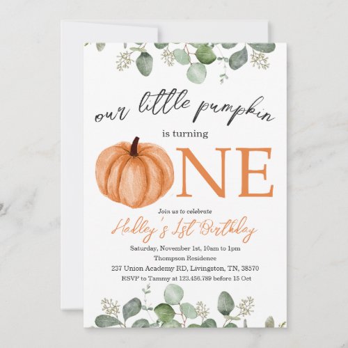 Little Pumpkin Fall  Autumn 1st Birthday  Invitation