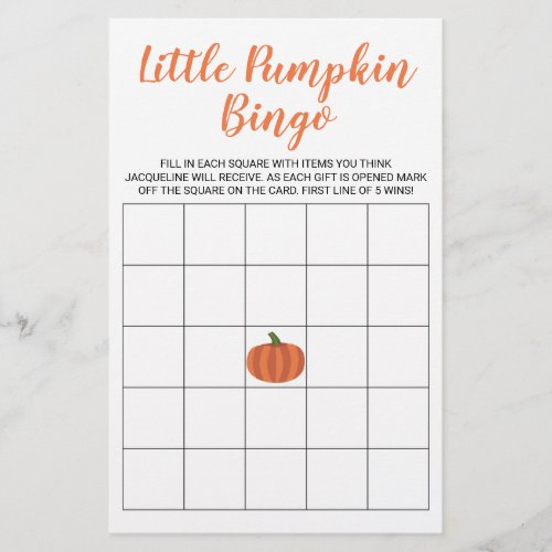 Little Pumpkin Fall Autumn Baby Shower Bingo Card