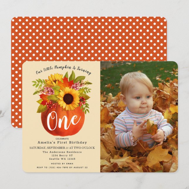 Little Pumpkin Fall Autumn First Birthday Photo Invitation (Front/Back)
