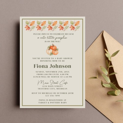 Little Pumpkin Fall Autumn Leaves Baby Shower Invitation