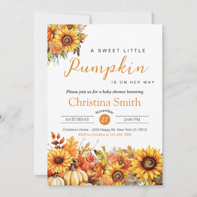 Little Pumpkin Fall Autumn Sunflower Baby Shower Invitation (Front)