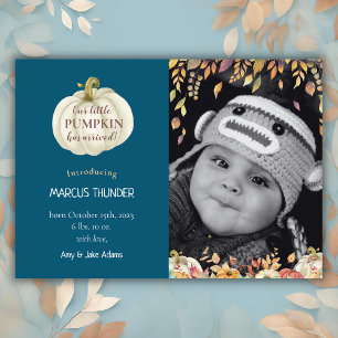 Little Pumpkin Fall Baby Birth Photo Announcement