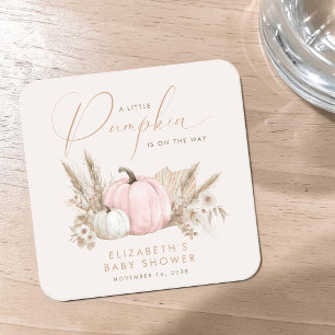 Little Pumpkin Fall Baby Girl Shower Square Paper Coaster