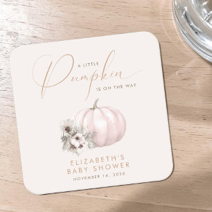 Little Pumpkin Fall Baby Girl Shower Square Paper Coaster