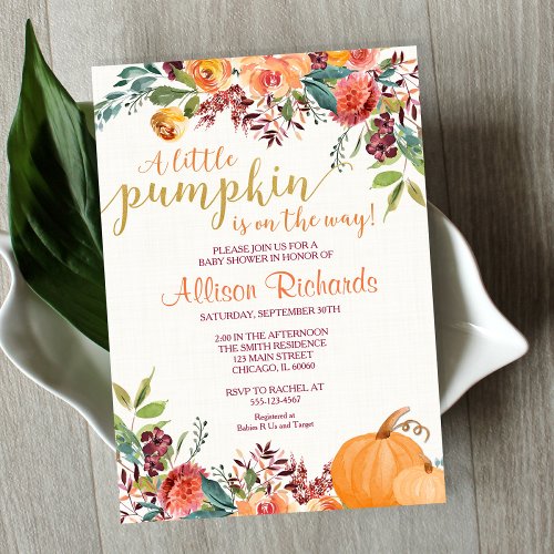 Little pumpkin fall baby shower gender neutral invitation