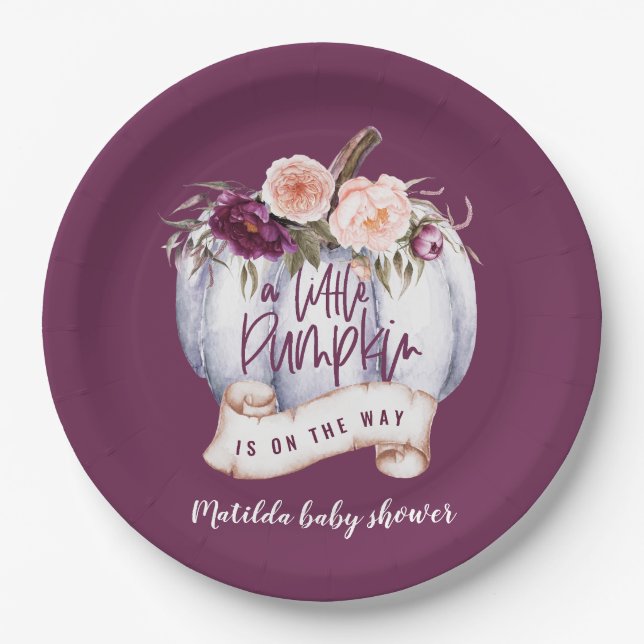 Little pumpkin fall baby shower invitation paper plates (Front)