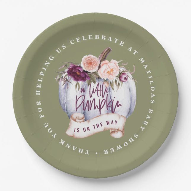 Little pumpkin fall baby shower invitation paper plates (Front)