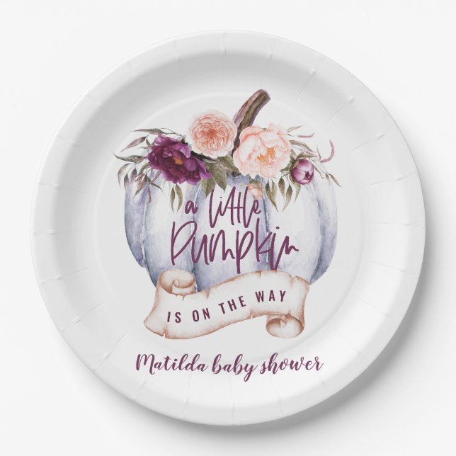 Little pumpkin fall baby shower invitation purple paper plates (Front)