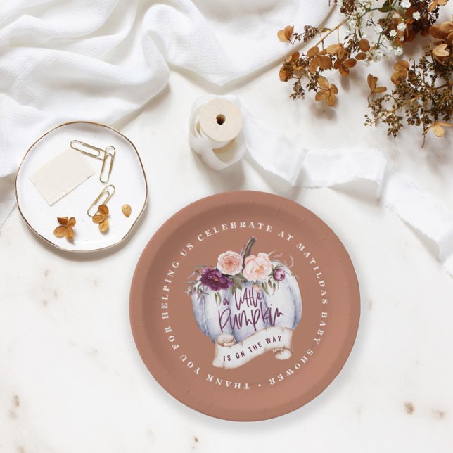 Little pumpkin fall baby shower terracotta rustic paper plates (Creator Uploaded)