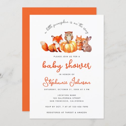 Little Pumpkin Fall Baby Shower Watercolor Animals Invitation