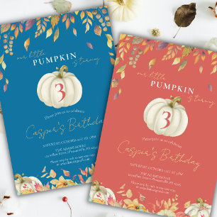 Little Pumpkin Fall Birthday Watercolor Blue Invitation
