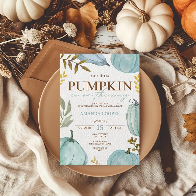 Little Pumpkin Fall Blue Boy Baby Shower Invitation (Out little pumpkin is on the way baby shower invitation boy)