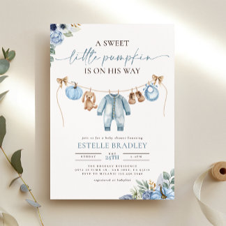 Little Pumpkin Fall Blue Floral Boy Baby Shower Invitation