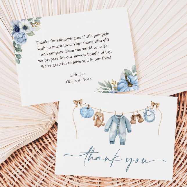 Little Pumpkin Fall Blue Floral Boy Baby Shower Thank You Card (Creator Uploaded)