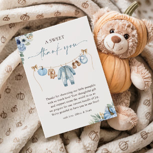 Little Pumpkin Fall Blue Floral Boy Baby Shower Thank You Card