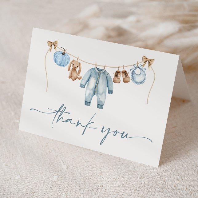 Little Pumpkin Fall Blue Floral Boy Baby Shower Thank You Card (Creator Uploaded)
