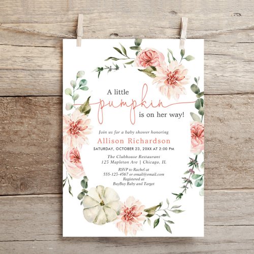 Little pumpkin fall blush pink floral greenery invitation