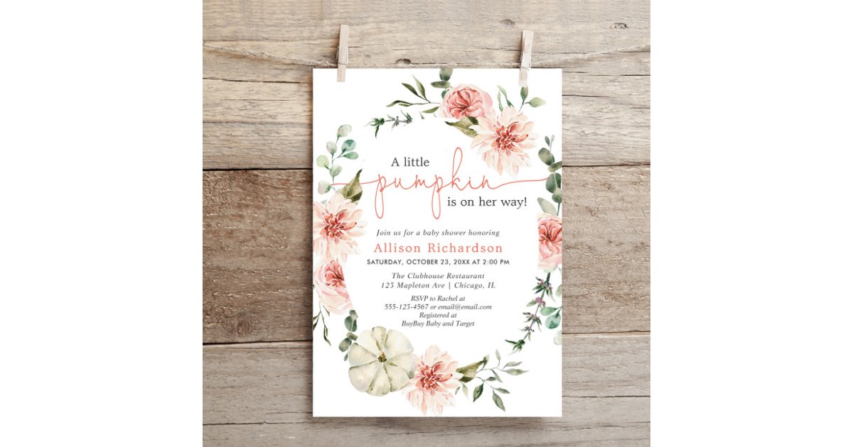 Little pumpkin fall blush pink floral greenery invitation | Zazzle